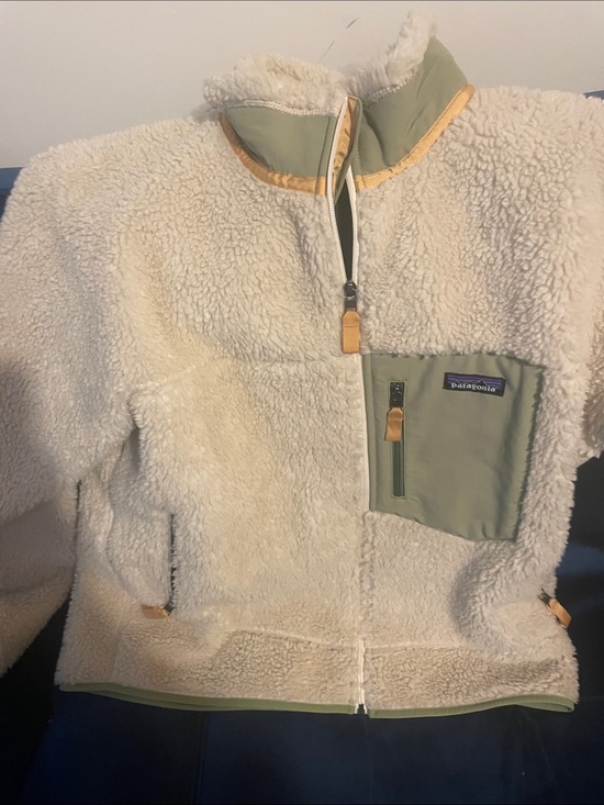 Patagonia Other - Patagonia Cream Sherpa Jacket with Olive Chest Pocket and Tan Trim